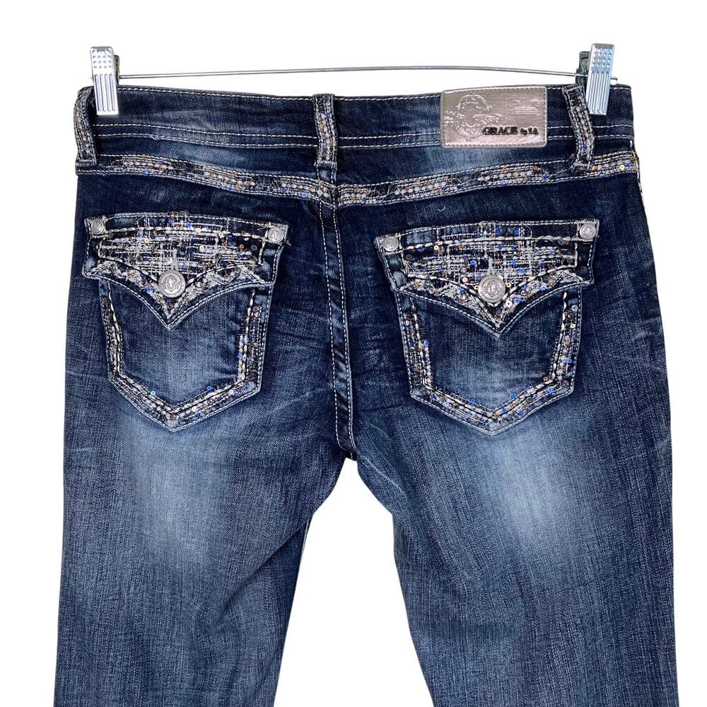 Grace In La Sz 29 Flap Pocket Embellished Embroidered Low Rise Bootcut Jeans - Picture 7 of 16